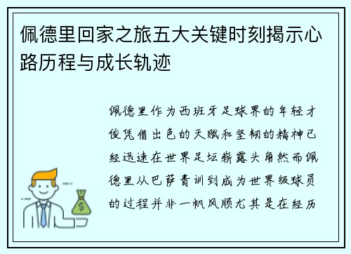 佩德里回家之旅五大关键时刻揭示心路历程与成长轨迹