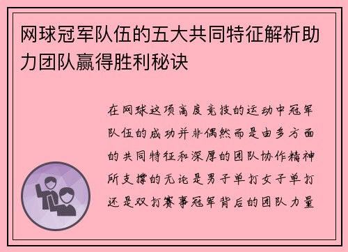 网球冠军队伍的五大共同特征解析助力团队赢得胜利秘诀