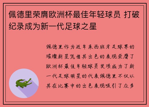佩德里荣膺欧洲杯最佳年轻球员 打破纪录成为新一代足球之星